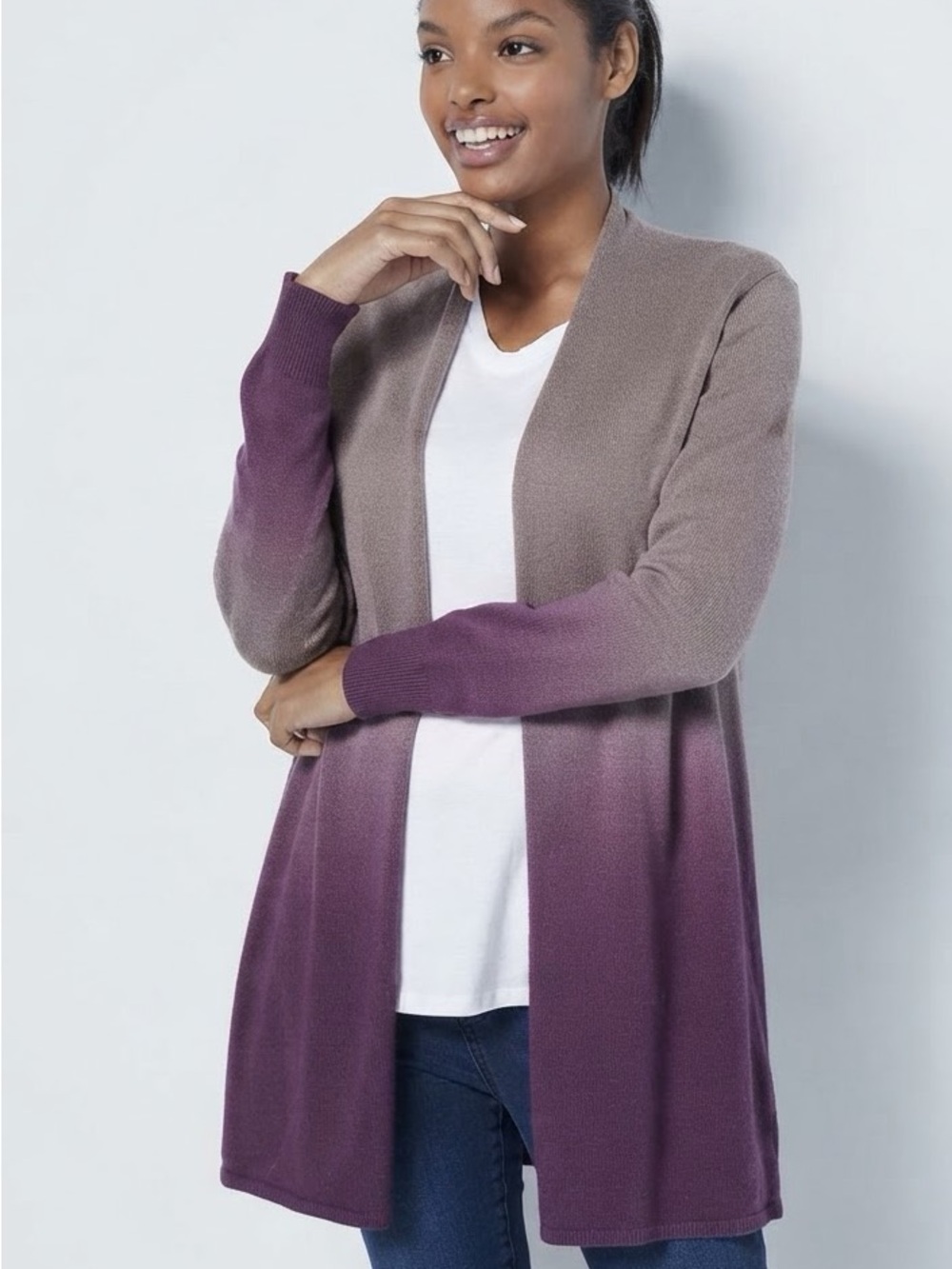 Belle by Kim Gravel Mink to Plum Ombre Open-Front Cardigan